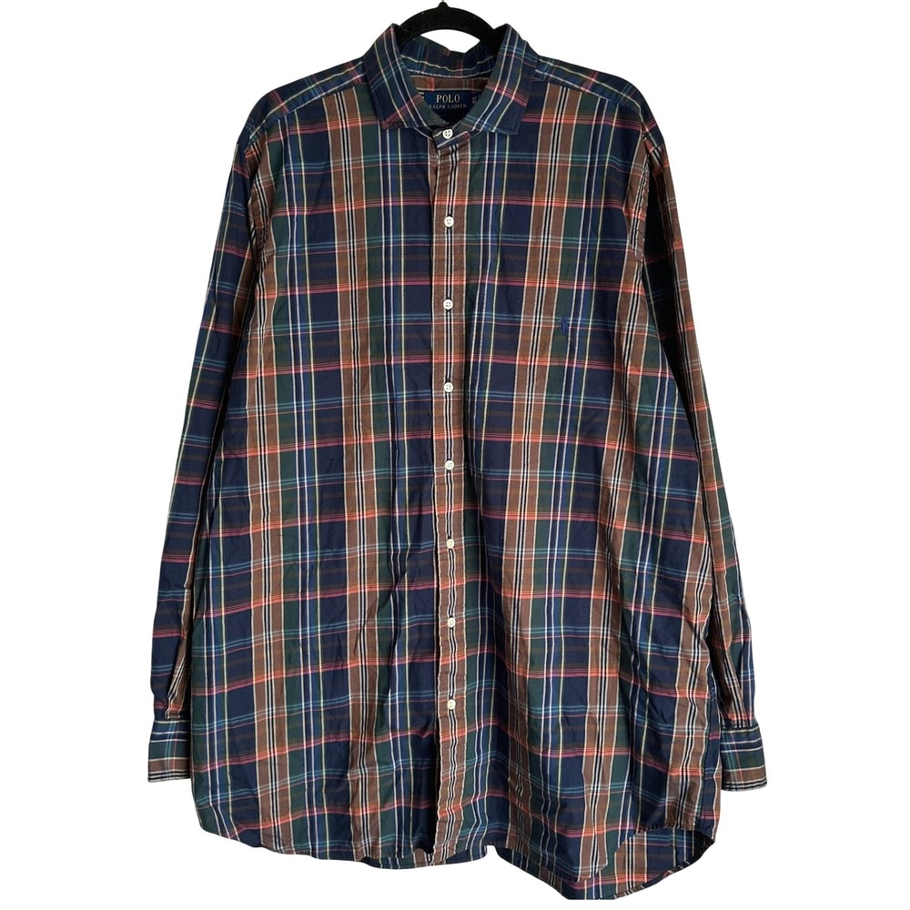 Polo Ralph Lauren Mens Plaid Button Down Shirt XLT Long Sleeve Blue‎ Orange